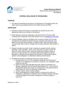 Human Resources Manual Directive 209: Internal Disclosure of Wrongdoing INTERNAL DISCLOSURE OF WRONGDOING  PURPOSE