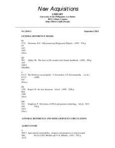 New Acquisitions LIBRARY University of the Philippines Los Baños 4031 College, Laguna (http://library.uplb.edu.ph) ________________________________________________________________________________