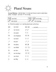 Plural Nouns Lesson Thirteen: Add the letter ‘s’ to the end of most words to make them plural. Example: one book ! two books 