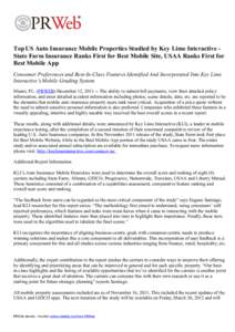 Top US Auto Insurance Mobile Properties Studied by Key Lime Interactive State Farm Insurance Ranks First for Best Mobile Site, USAA Ranks First for Best Mobile App Consumer Preferences and Best-In-Class Features Identifi