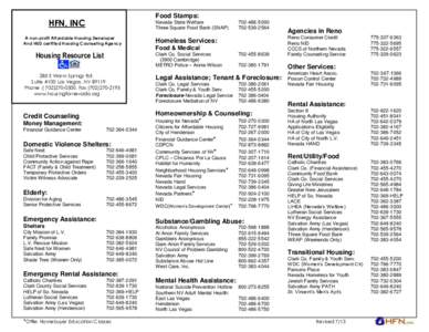 Food Stamps:  HFN, INC Nevada State Welfare Three Square Food Bank (SNAP)