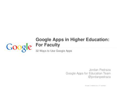 Google Apps in Higher Education: For Faculty 32 Ways to Use Google Apps Jordan Pedraza Google Apps for Education Team