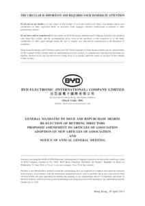 THE CIRCULAR IS IMPORTANT AND REQUIRES YOUR IMMEDIATE ATTENTION If you are in any doubt as to any aspect of this circular or as to the action to be taken, you should consult your stockbroker or other registered dealer in