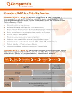 Computaris MVNO in a White Box Solution Computaris MVNO in a White Box solution is tailored to suit all MVNOs exigencies. It encompasses all services and functionalities required for achieving business goals, making MVNO