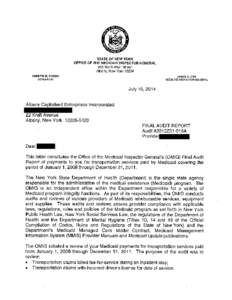 STATE OF NEW YORK OFFICE OF THE MEDICAID INSPECTOR GENERAL 800 North Pearl Street Albany, New York[removed]ANDREW M. CUOMO GOVERNOR