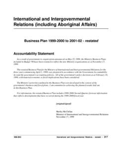 International and Intergovernmental Relations (including Aboriginal Affairs) Business Plan[removed]to[removed]restated  Accountability Statement
