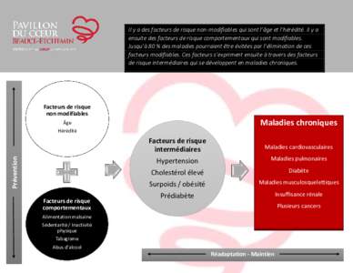 Il y a des facteurs de risque non-modifiables qui sont l’âge et l’hérédité. Il y a ensuite des facteurs de risque comportementaux qui sont modifiables. Jusqu’à 80 % des maladies pourraient être évitées par 