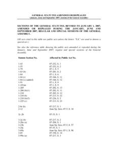 GENERAL STATUTES AMENDED OR REPEALED (January, June and September 2007, sessions of the General Assembly) SECTIONS OF THE GENERAL STATUTES, REVISED TO JANUARY 1, 2007, AMENDED OR REPEALED DURING THE JANUARY, JUNE AND SEP