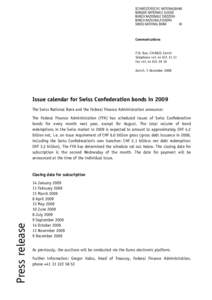 Issue calendar for Swiss Confederation bonds in 2009