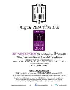 August 2014 Wine List  JUST ANNOUNCED!!! We received our 9th straight Wine Spectator Best of Award of Excellence Best of Award of Excellence 2006