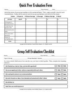 Quick Peer Evaluation Form Name_______________________________________________Class Period______Date_________________ Write the names of your group members in the numbered boxes. Then, assign yourself a value for each li