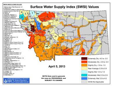Surface Water Supply Index (SWSI) Values  RIVER INDEX & SWSI VALUES 1 Marias above Tiber Reservoir[removed]Tobacco[removed]Kootenai Ft. Steele to Libby Dam 0.3