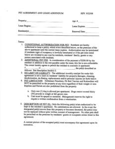 PET AGREEMENT  AND LEASE ADDENDUM REV.9t22t08