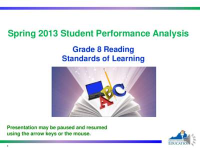 Spring 2013 Student Performance Analysis Grade 8 Reading Standards of Learning Presentation may be paused and resumed using the arrow keys or the mouse.