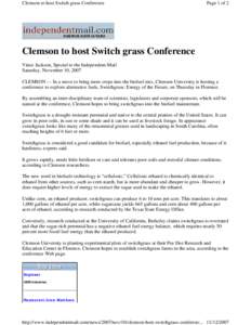 Clemson to host Switch grass Conference  Page 1 of 2 Clemson to host Switch grass Conference Vince Jackson, Special to the Independent-Mail