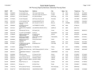 [removed]Page: 1 of 18 Goold Health Systems NPI Pharmacy Report by Mainecare, Ordered By Pharmacy Name