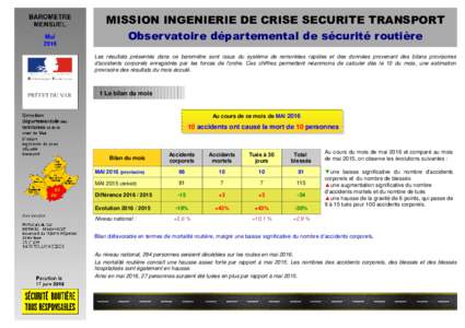 MISSION INGENIERIE DE CRISE SECURITE TRANSPORT Observatoire départemental de sécurité routière Les résultats présentés dans ce baromètre sont issus du système de remontées rapides et des données provenant des 