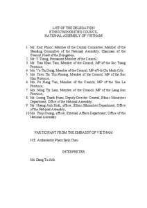 LIST OF THE DELEGATION ETHNIC MINORITIES COUNCIL NATIONAL ASSEMBLY OF VIETNAM 1. Mr. Ksor Phuoc, Member of the Central Committee, Member of the Standing Committee of the National Assembly, Chairman of the Council, Head o
