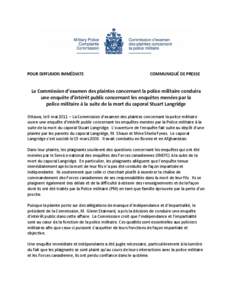 Communiqué de presse : La CPPM conduira une enquête d’intérêt public concernant les enquêtes menées par la police militaire à la suite de la mort du caporal Stuart Langridge