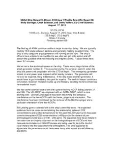   NOAA Ship Ronald H. Brown A16N Leg 1 Weekly Scientific Report 02 Molly Baringer, Chief Scientist, and Denis Volkov, Co-Chief Scientist August 17, [removed]°N, 20°W 10:00 a.m., Sunday, August 11, 2013 (local time & d