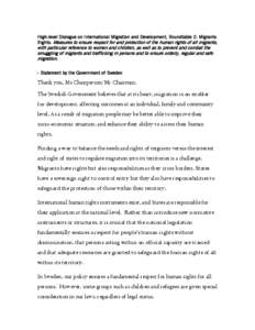 High-level Dialogue on International Migration and Development, Roundtable 2: Migrants Rights: Measures to ensure respect for and protection of the human rights of all migrants, with particular reference to women and chi