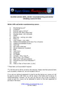 Scottish winter skills, winter mountaineering and winter climbing course kit lists