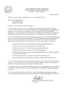 DEPARTMENT OF THE AIR FORCE HEA DQUA RTERS, I 45TH AIRLIFT WI NG, ANG CHARLOTTE, NORTH CAROLINA 17 December 2012 MEMORANDUM FOR ALL MEMBERS OF TH E[removed]AIRLIFT WING