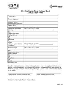 2014 Washington Rural Heritage Grant APPLICATION FORM Project name Amount requested Library or branch submitting this application