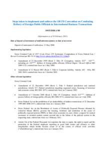 Steps taken to implement and enforce the OECD Convention on Combating Bribery of Foreign Public Officials in International Business Transactions SWITZERLAND (Information as of 18 February[removed]Date of deposit of instrum