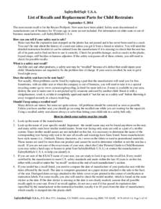 SafetyBeltSafe U.S.A.  List of Recalls and Replacement Parts for Child Restraints September 5, 2014 The most recent recall is for the Recaro ProSport. New seats have been added. Safety seats discontinued or manufacturers