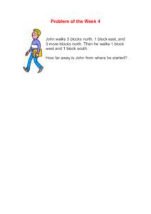 Problem of the Week 4  John walks 5 blocks north, 1 block east, and 3 more blocks north. Then he walks 1 block west and 1 block south. How far away is John from where he started?