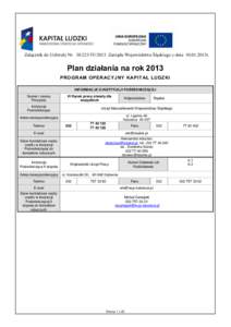 Załącznik do Uchwały NrIV/2013 Zarządu Województwa Śląskiego z dnia2013r.  Plan działania na rok 2013 PROGRAM OPERACYJNY KAPITAŁ LUDZKI INFORMACJE O INSTYTUCJI POŚREDNICZĄCEJ Numer i nazwa