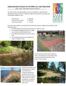 Implementation Projects for the Mille Lacs Lake Watershed (2010 – 2013) Clean Water Fund Grant Summary The three counties surrounding Mille Lacs Lake and the Mille Lacs Lake Watershed Management Group partnered to impl