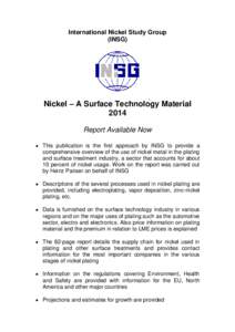International Nickel Study Group (INSG) Nickel – A Surface Technology Material 2014 Report Available Now