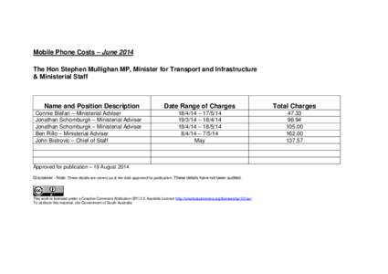 Mobile Phone Costs – June 2014 The Hon Stephen Mullighan MP, Minister for Transport and Infrastructure & Ministerial Staff Name and Position Description Connie Blefari – Ministerial Adviser