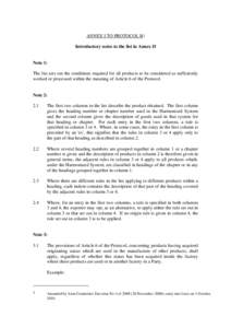 ANNEX I TO PROTOCOL B 1 Introductory notes to the list in Annex II Note 1: The list sets out the conditions required for all products to be considered as sufficiently worked or processed within the meaning of Article 6 o