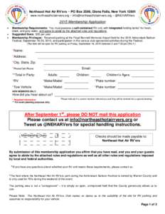 Northeast Hot Air RV’ers ~ PO Box 2596, Glens Falls, New Yorkwww.northeasthotairrvers.org ~  ~ @NEHARVers 2015 Membership Application  