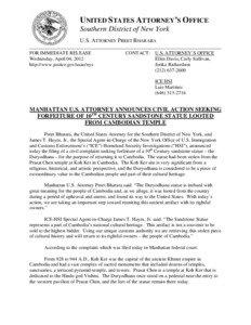 UNITED STATES ATTORNEY’S OFFICE Southern District of New York U.S. ATTORNEY PREET BHARARA
