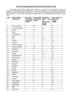 NOT TO BE PUBLISHED/BROADCAST/TELECAST BEFORE[removed]personnel have been awarded police medals on the occasion of the Republic Day this year. President’s Police Medals for Distinguished Service have been awarded to 72, President’s Police Medals for