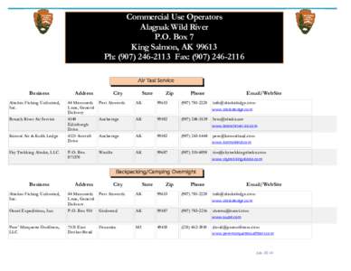 Commercial Use Operators Alagnak Wild River P.O. Box 7 King Salmon, AK[removed]Ph: ([removed]Fax: ([removed]Air Taxi Service