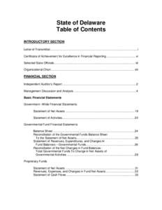 State of Delaware Table of Contents INTRODUCTORY SECTION Letter of Transmittal..........................................................................................................i Certificate of Achievement for Exc