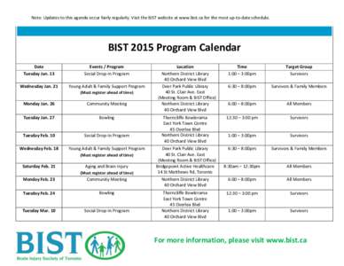 Note: Updates to this agenda occur fairly regularly. Visit the BIST website at www.bist.ca for the most up-to-date schedule.  BIST 2015 Program Calendar Date Tuesday Jan. 13