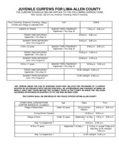 JUVENILE CURFEWS FOR LIMA-ALLEN COUNTY THE CURFEW SCHEDULE BELOW APPLIES TO THE FOLLOWING JURISDICTIONS Allen County, City of Lima, American Township, Marion Township, Perry Township, Shawnee Township, Village of Elida a