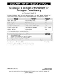 DECLARATION OF RESULT OF POLL Election of a Member of Parliament for Easington Constituency