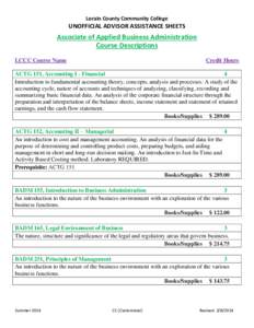 Lorain County Community College  UNOFFICIAL ADVISOR ASSISTANCE SHEETS Associate of Applied Business Administration Course Descriptions