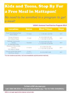 Kids and Teens, Stop By For a Free Meal in Mattapan! No need to be enrolled in a program to get a meal! USDA’s Summer Food Service Program 2014