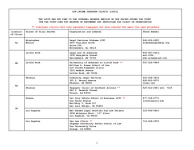 LOW INCOME TAXPAYER CLINICS (LITCs)  THE LITCS ARE NOT PART OF THE INTERNAL REVENUE SERVICE OR THE UNITED STATES TAX COURT THE TAX COURT DOES NOT ENDORSE OR RECOMMEND ANY PARTICULAR TAX CLINIC OR ORGANIZATION ** Indicate
