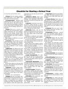 Checklist for Starting a School Year preparation cut costs and also provide life by Cindy Short and Sue Welch, editors ❑ Head Start. Establish nonacademic _______________________________________________________________