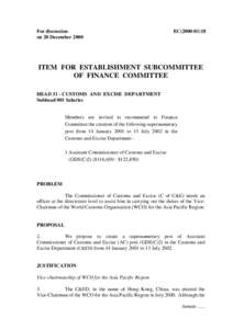 For discussion on 20 December 2000 EC[removed]ITEM FOR ESTABLISHMENT SUBCOMMITTEE