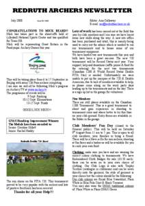 REDRUTH ARCHERS NEWSLETTER July 2008 Issue[removed]COGRATULATIOS TO MICK BEARD!!